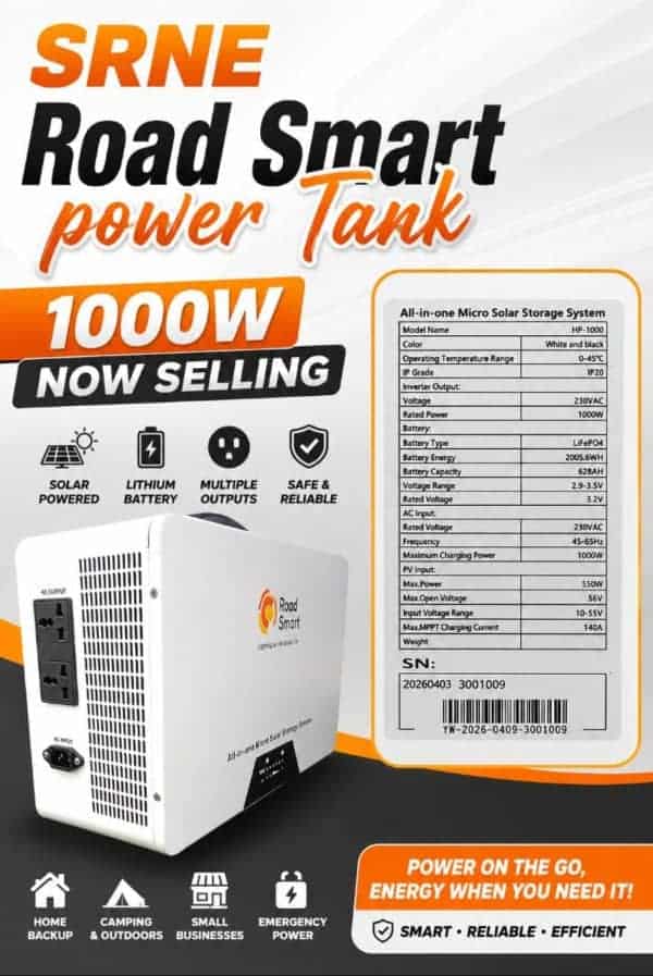 SRNE Road Smart HP 1000W Power Tank – 2005.6Wh Solar Power Station - Image 4
